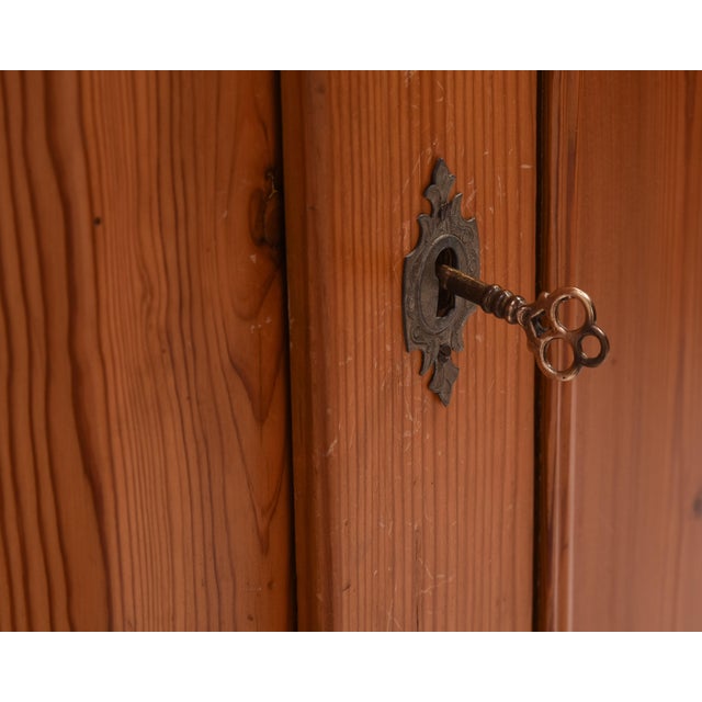 Scandinavian Single Door Pine Wardrobe Pagoda Crown Bun Feet Two Keys Original Condition 1880s For Sale - Image 10 of 15