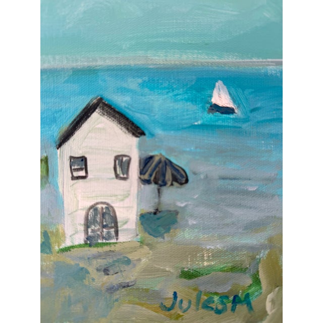 Cottages on the Sea, bright and happy. Evokes peaceful bliss. Sparkling blue water and a distant sailboat. Framed, signed...