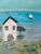 Cottages on the Sea, bright and happy. Evokes peaceful bliss. Sparkling blue water and a distant sailboat. Framed, signed...