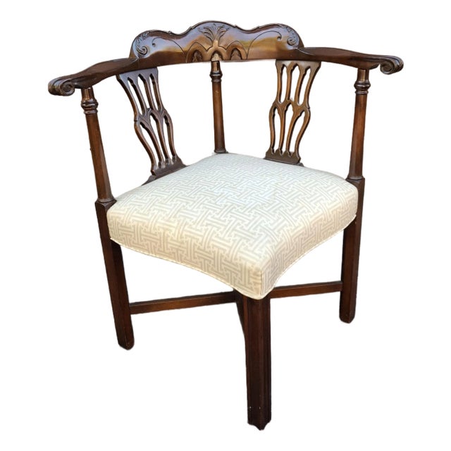 Mid 20th Century George III Style Carved Mahogany and Upholstered Corner Chair For Sale