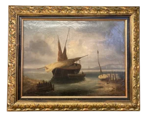 Dubuis, Low Tide Seascape, 1800s, Oil on Canvas, Framed