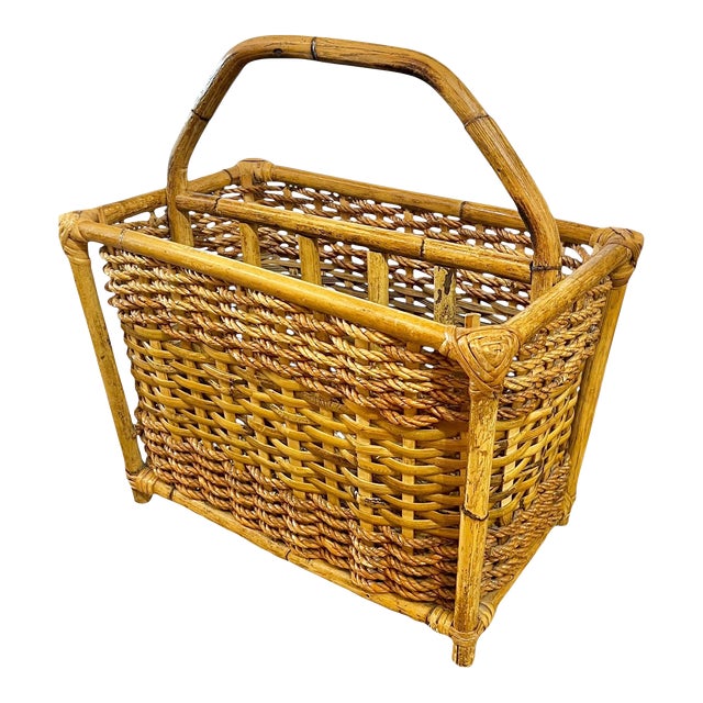 1980s Vintage French Bamboo Rattan Coastal Magazine Book Rack Stand For Sale