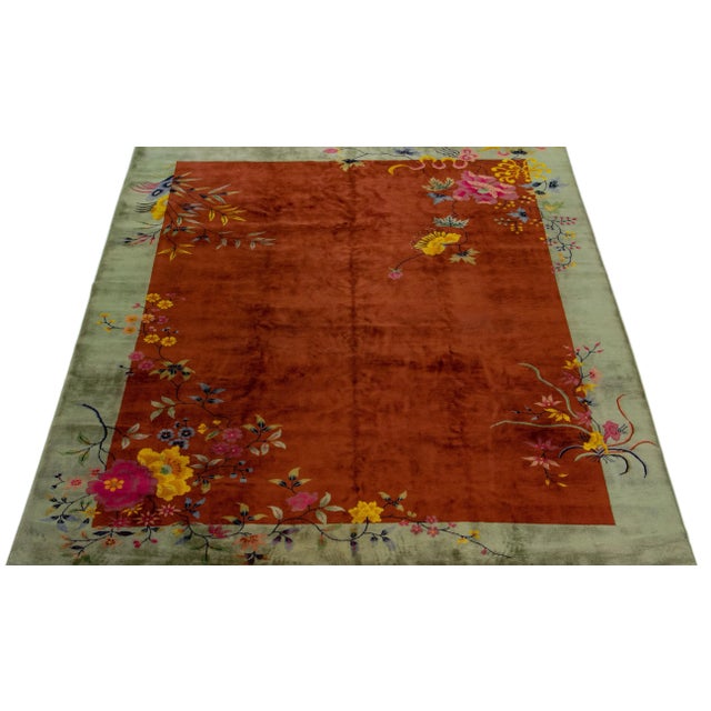 Art Deco Antique Chinese Art Deco Handmade Brown & Green Wool Rug With Traditional Motif For Sale - Image 3 of 7