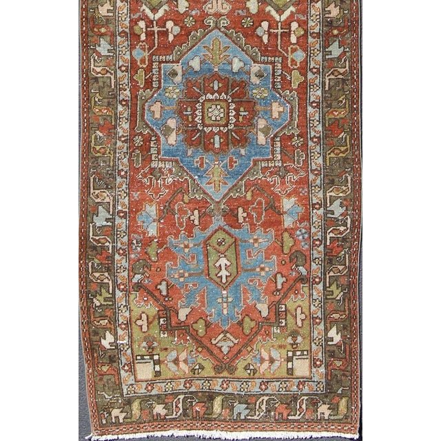 Antique Persian Heriz Runner With Geometric Medallion Design in Red, Olive, Blue 3'2"x11'7" For Sale - Image 4 of 11