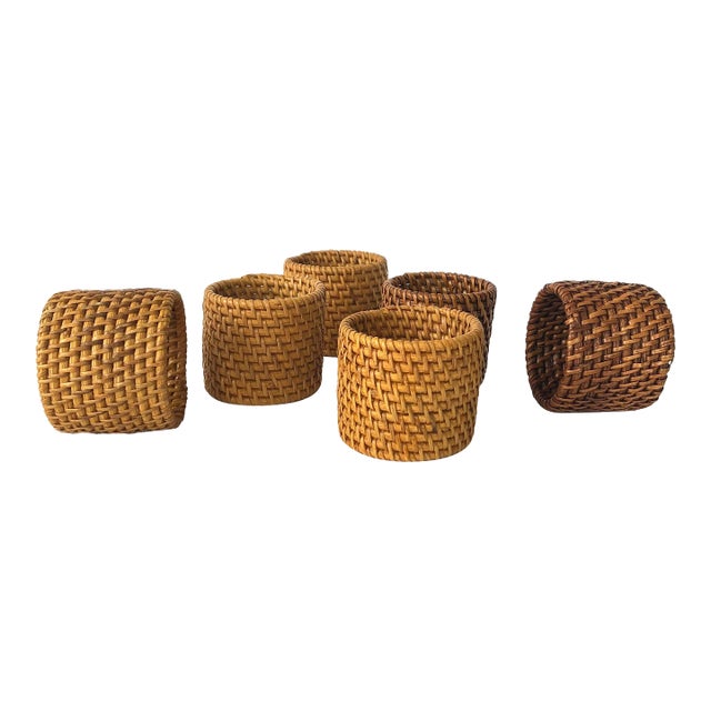 Asian Woven Round Rattan Napkin Holders - Set of 6 For Sale