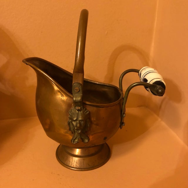 Antique copper miniature scuttle with delftware blue and white porcelain Handle and lions heads