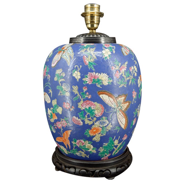 Antique Chinese Blue Ceramic Lamp with Butterflies, 1865 For Sale