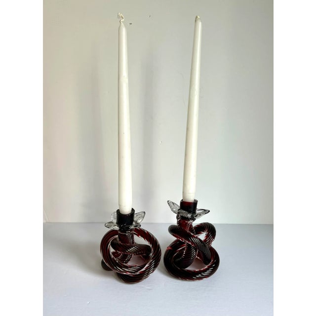 Mid-Century Modern Mid-Century Hand Blown Glass Knot Candle Holders- a Pair For Sale - Image 3 of 12