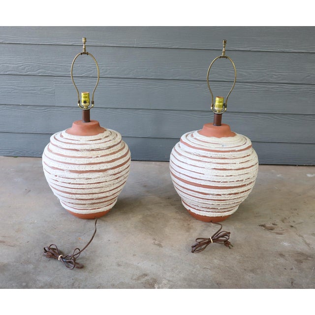 White Vintage 70's Terracotta Frosted White Drip Glaze Lamp Pair Large Brutalist Boho Retro For Sale - Image 8 of 9