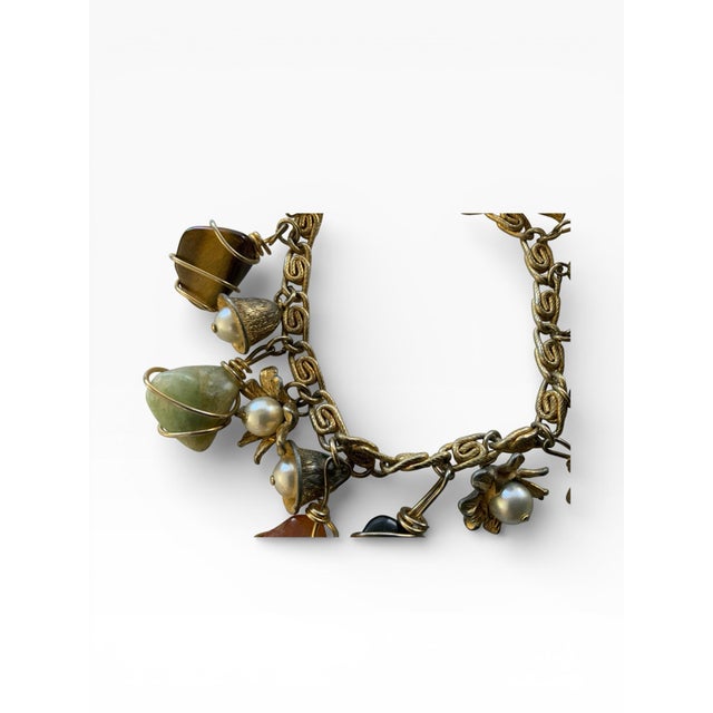 Vintage Gold Tone Wire Wrapped Natural Gemstone and Small Pearls For Sale In Palm Springs - Image 6 of 10