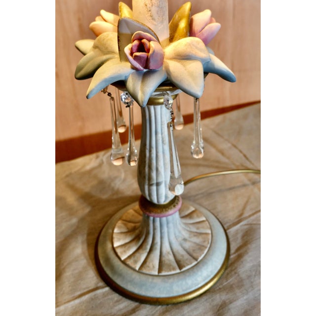 Vintage Italian Table Lamp in Porcelain and Glass Made in porcelain and glass with crystal lustres, this wonderful large...