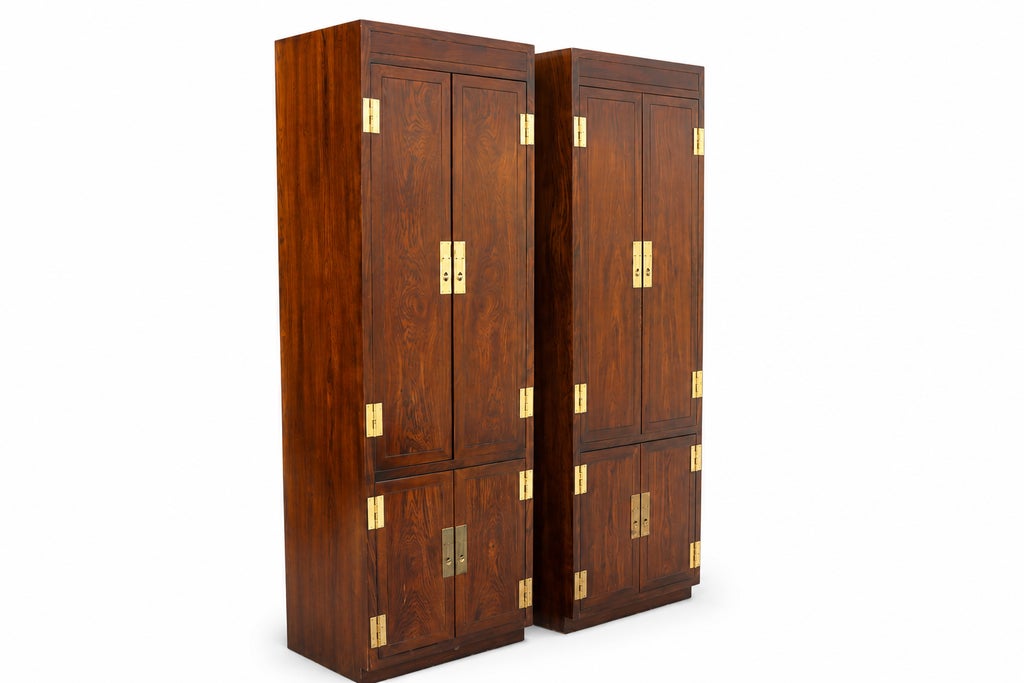 1970s Pair of Vintage Henredon Campaign-Style Wood Armoires With Brass Hardware — view 5