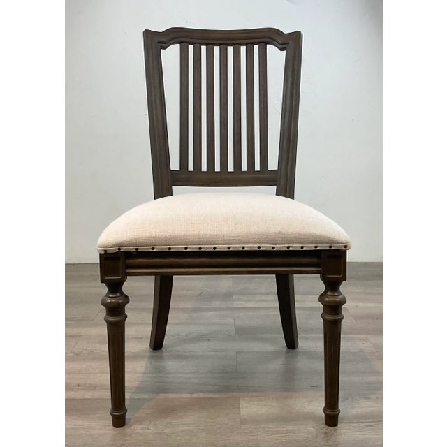 Timeless French Transitional Gray Wood Dining Chairs Set of 8, splat back, fluted legs, linen seat cushion with nailhead...