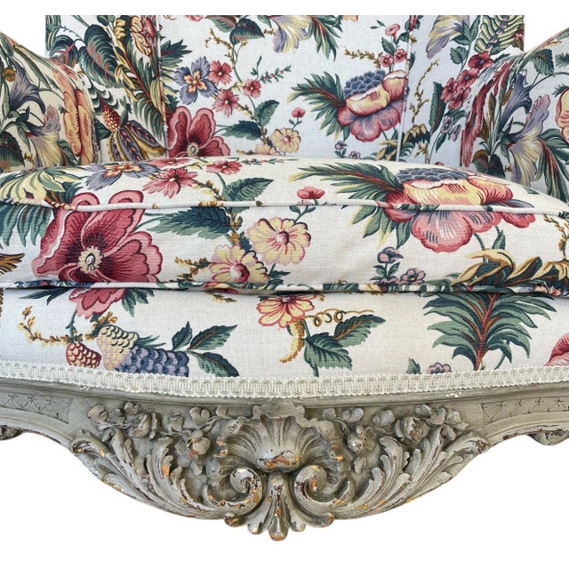 Late 19th Century Finely Carved Louis XV Style Wing Chairs in Floral Linen - a Pair For Sale - Image 11 of 11