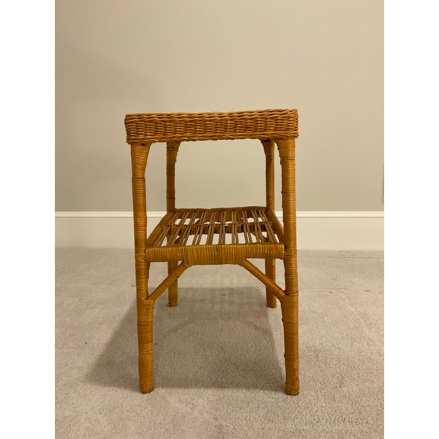 Beautiful wicker side table, woven with decorative diamond patterned top. Late 20th century.