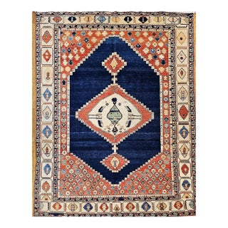 Vintage Turkish Azeri Rug, Hand-Knotted Wool, Geometric Design, Navy & Red, 8x11 For Sale