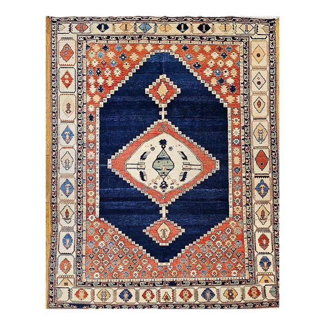 Vintage Turkish Azeri Rug, Hand-Knotted Wool, Geometric Design, Navy & Red, 8x11 For Sale