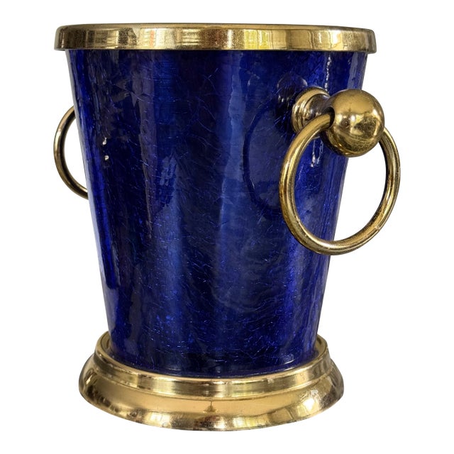 Nicole Miller Cobalt Crackle Glass & Brass Wine Chiller For Sale
