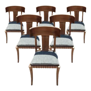 1980s Vintage Klismos Style Solid Walnut Dining Chairs - Set of 6