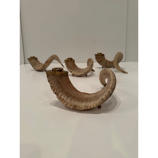 Tan Vintage Curly Ram Horn and Brass Candlesticks -Set of 4 For Sale - Image 8 of 11