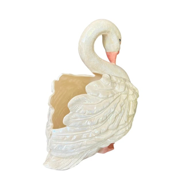 Vintage Hollywood Regency Hand-Painted Ceramic Swan Jardinière For Sale - Image 4 of 12