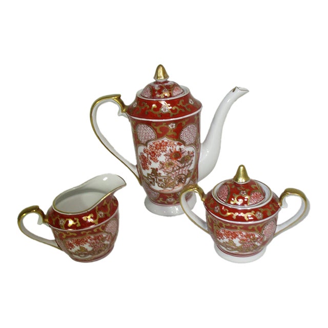 Hand Painted Gold Imari Japanese Porcelain Tea Service, 3 Pc For Sale