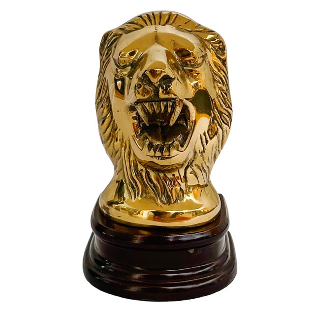 Mid 20th Century Solid Brass Roaring Lion Bookends on Wood Bases - A Pair For Sale - Image 4 of 7