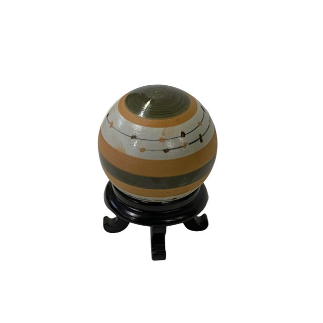Tan Beige Olive Mix Color Stripe Pattern Porcelain Round Ball Display Art For Sale - Image 4 of 4