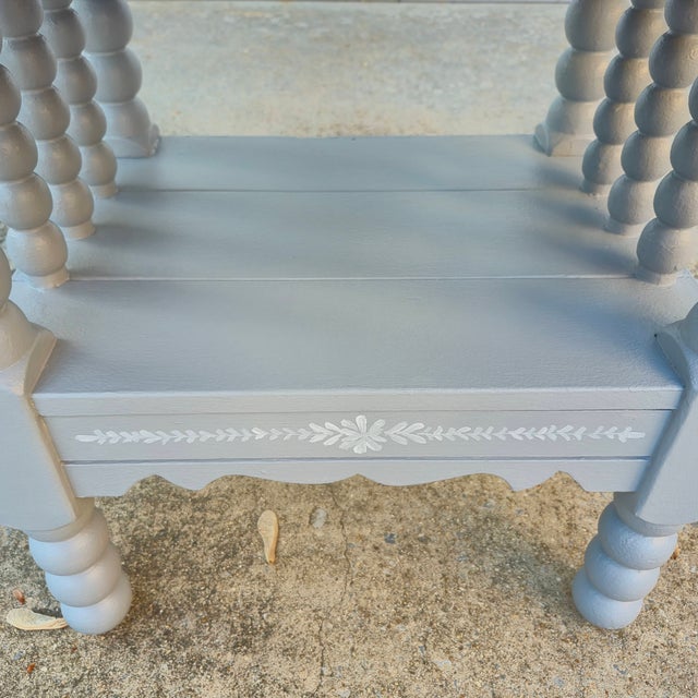 Blue Vintage Paint Decorated Light Blue-Gray Oak Spool Bobbin Leg Oval Coffee Table Side Table For Sale - Image 8 of 9