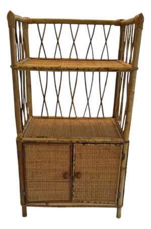 Mid 20th Century Vintage Palm Beach Style 30” Tall Bamboo & Rattan Shelves Bookcase Cabinet Etagere