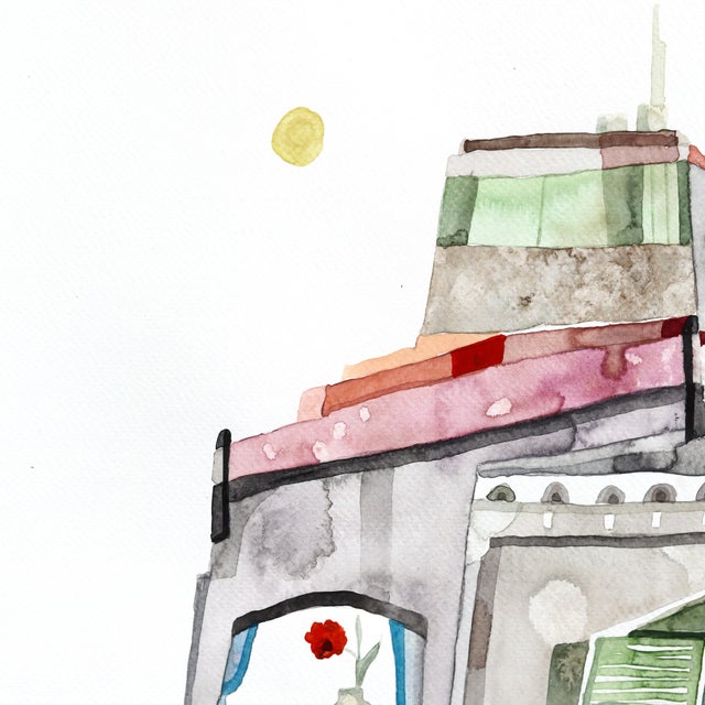 Contemporary Golden Peach Afternoon - Original Warm-Tone Architectural Watercolor Painting on Paper For Sale - Image 3 of 6