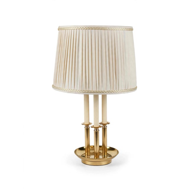 Set of 2 Vintage Brass Bouillotte Pair Table Lamps 3 Arm Candelabra Lamp With Pleated Shades Hollywood Regency For Sale - Image 11 of 12