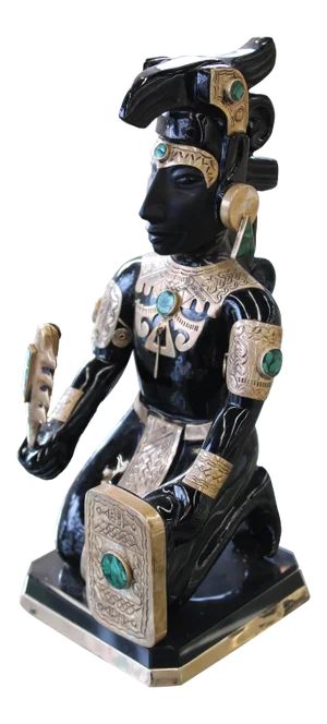 Teotihuacan Obsidian Aztec Warrior Sculpture With Gold & Turquoise Accents