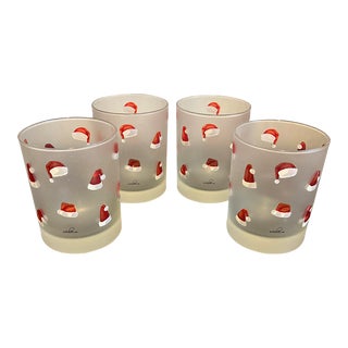 1970s Culver Christmas Barware With Santa Hats and Frosted Glass- Set of 4 For Sale