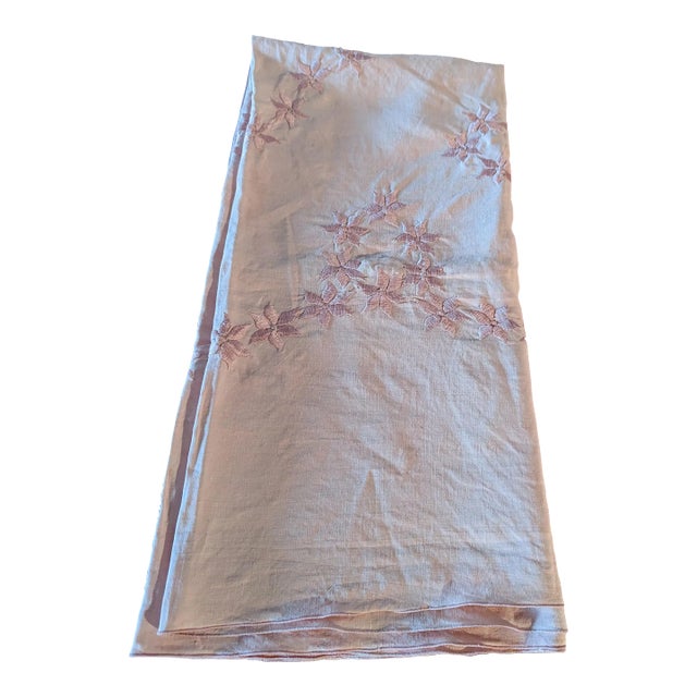 50's Embroidered Linen Square Tablecloth For Sale
