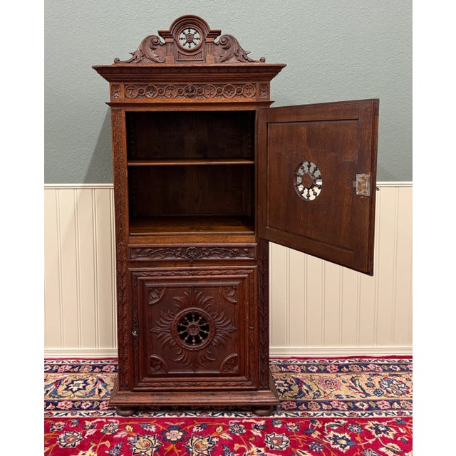 Antique French Breton Armoire Wardrobe Linen Cabinet Double Doors Drawer C. 1900 For Sale - Image 10 of 18