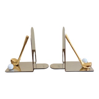 1980s Vintage Cast Brass Golf Club and Golf Ball Bookends, Pair For Sale