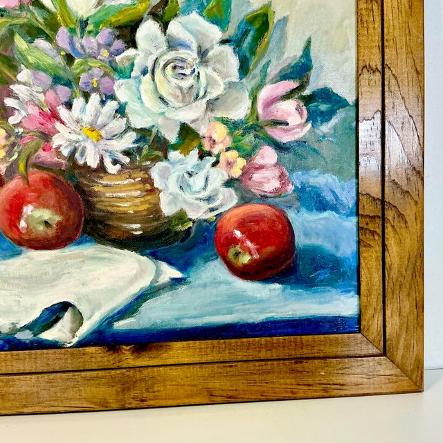 Blue 1960s Original Oil Painting Impressionist Red Bottle & Flora Still Life by Edith Weir For Sale - Image 8 of 13