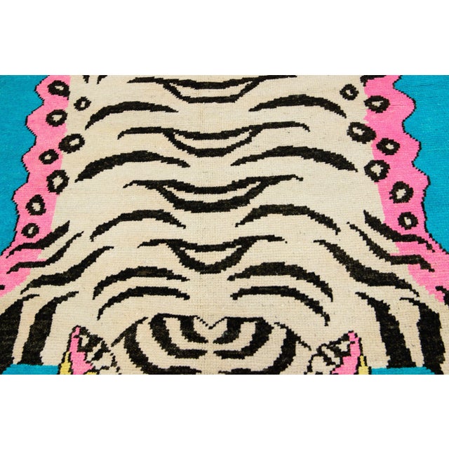 Tiger Designed Handmade Turkish Wool Rug in Blue For Sale - Image 9 of 10