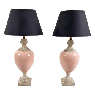 Travertine and Ceramic Pink Table Lamps, Italy, 1980s, Set of 2 For Sale