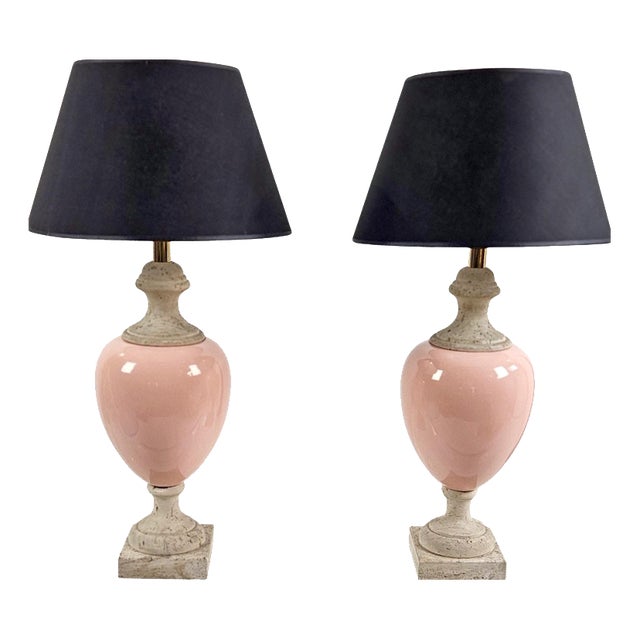 Travertine and Ceramic Pink Table Lamps, Italy, 1980s, Set of 2 For Sale
