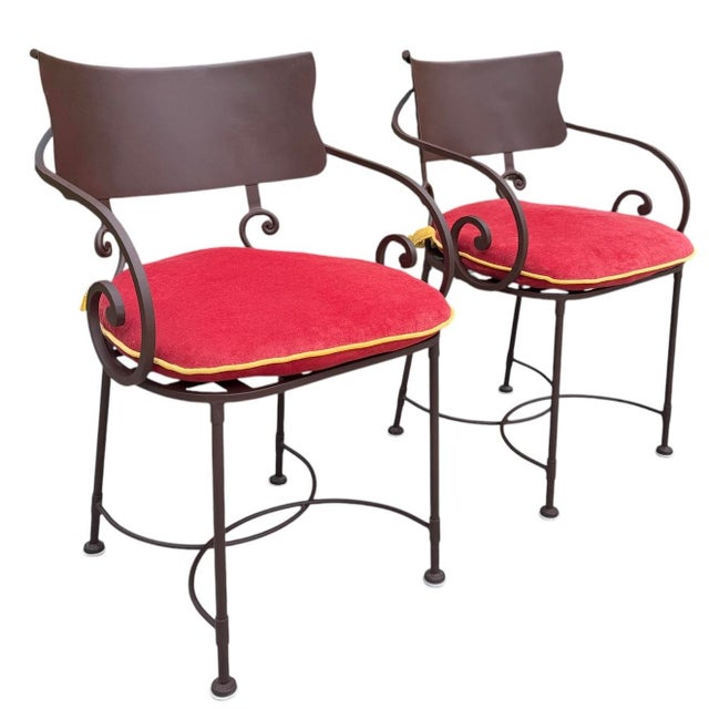 Hollywood Regency Vintage Scroll Arm Wrought Iron Patio Dining Chairs - Pair For Sale - Image 3 of 12