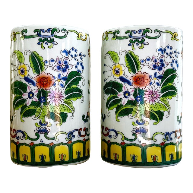Late 20th Century Pair of Hand‑Painted Porcelain Brush Pots – Famille Rose Floral For Sale