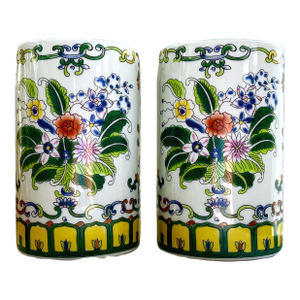 Late 20th Century Pair of Hand‑Painted Porcelain Brush Pots – Famille Rose Floral