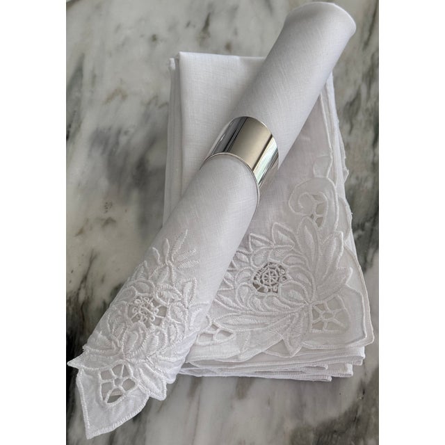 Contemporary Vintage Lotus Flower Motif White Napkins - Set of 8 For Sale - Image 3 of 14
