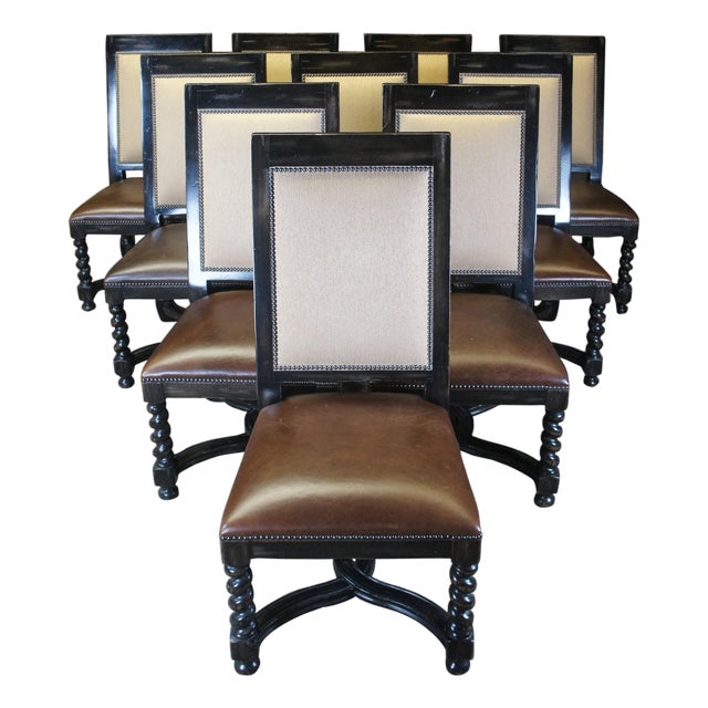 Late 20th Century 10 Lorts Renaissance Revival Style Barley Twist Leather & Fabric Dining Chairs For Sale
