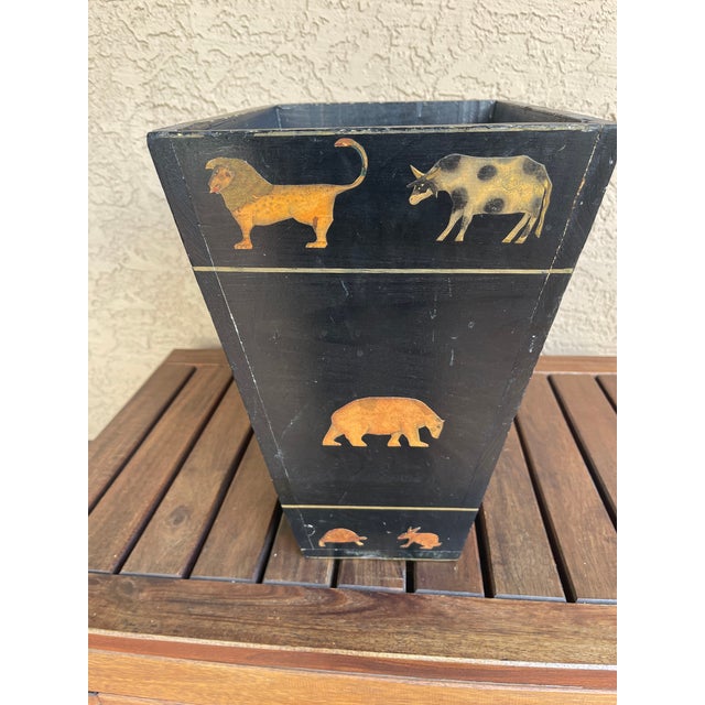 Mid-Century Modern 1980s Farmhouse Handmade Usa Decoupage Wood Zebra & Monkeys Wastepaper Basket For Sale - Image 3 of 8