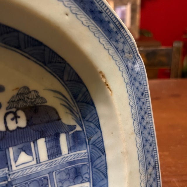 Blue Antique Chinese Blue and White Canton Porcelain Deep Platter, Circa 1830s For Sale - Image 8 of 12
