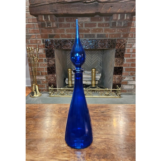 Empoli Vintage MCM Empoli Cobalt Blue Italian Glass Genie Bottle With Original Label For Sale - Image 4 of 9