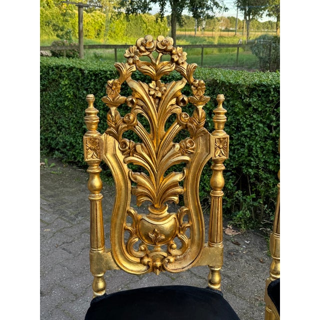 1900 Italian Rococo Gold Beech Black Velvet Dining Chairs - Set of 6 Pc For Sale - Image 14 of 18